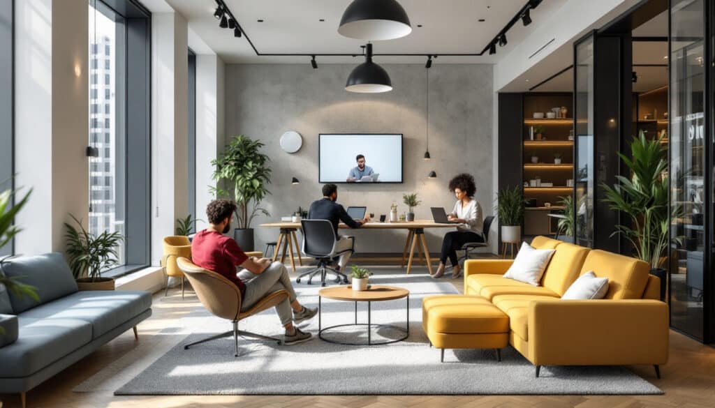 sala de estar en una oficina con sofas modernos y luz natural en un entorno colaborativo