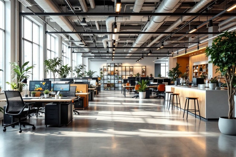oficina abierta con luz natural y puestos de trabajo modernos