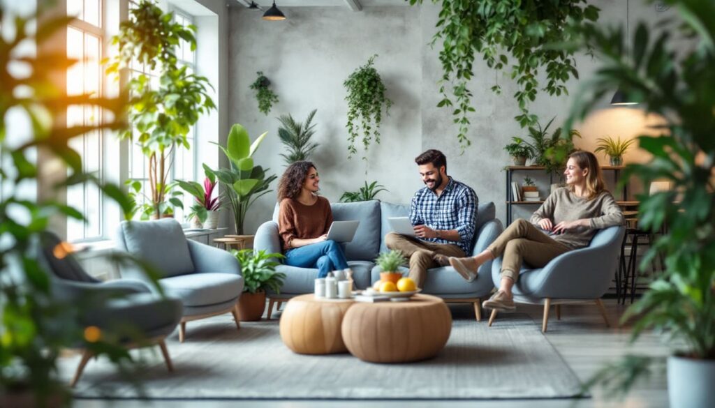 grupo de personas conversando en salon moderno con mucha iluminacion natural y plantas ambientales decoracion acogedora