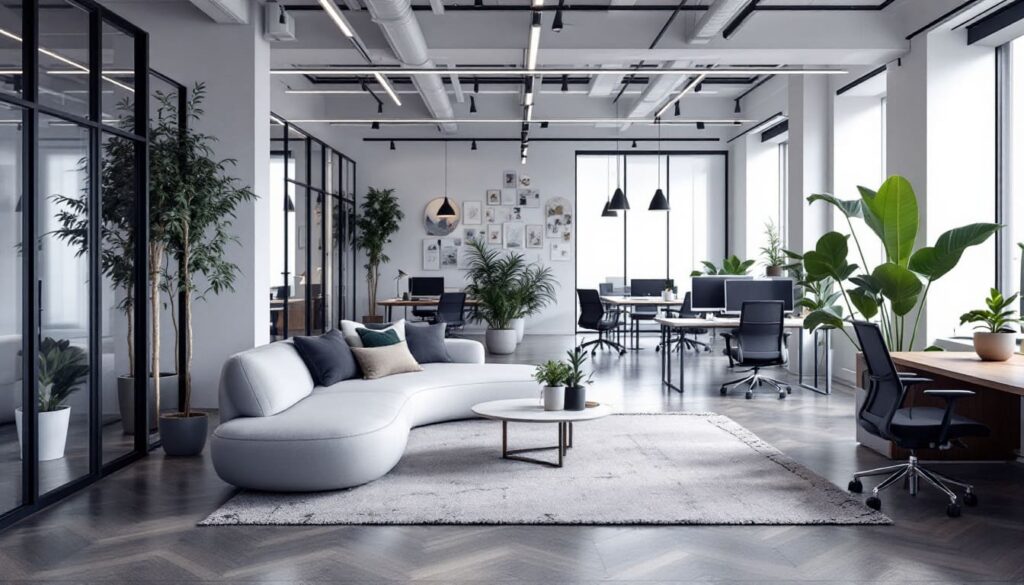 oficina moderna con diseno espacioso luminoso con muebles blancos y negros mesas sillas y plantas para ambiente natural