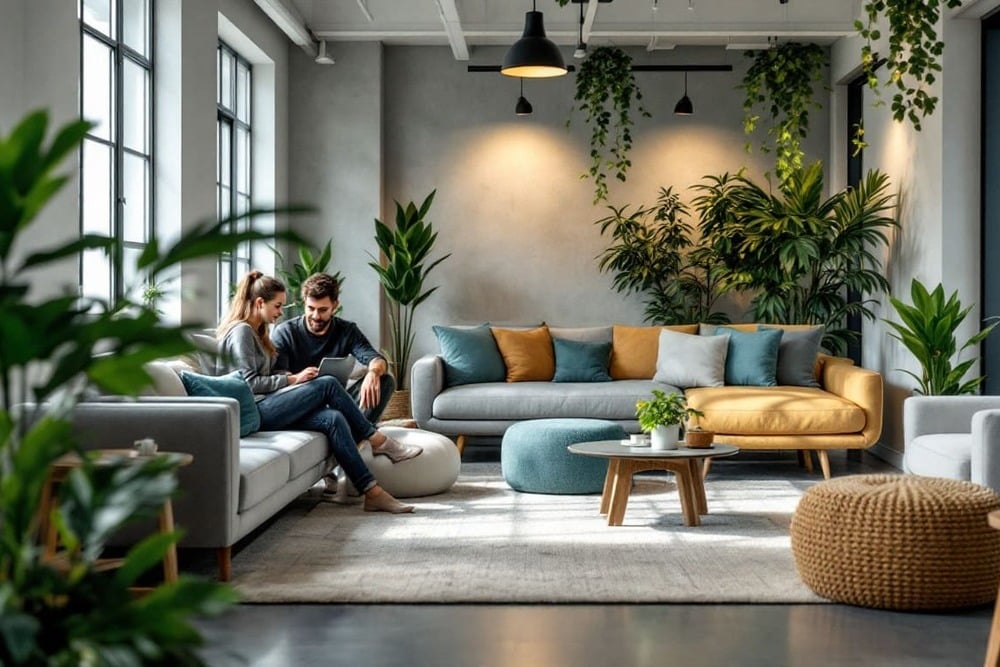 pareja relajandose en salon moderno con divan sofa gris y amarillo plantas verdes y gran ventanal con luz natural