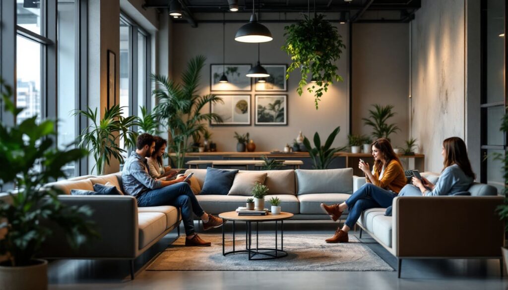 personas charlando en sala de estar con muebles comodos y disenio contemporaneo espacio lleno de plantas y luz natural