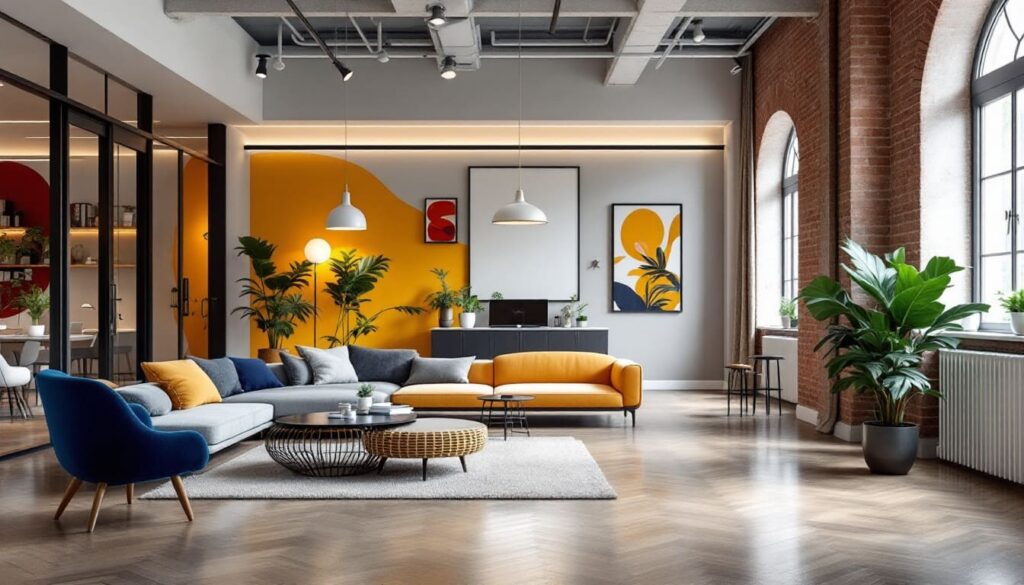 sala de estar en oficina con muebles de diseno moderno color amarillo azul y verde plantas grandes y luz natural